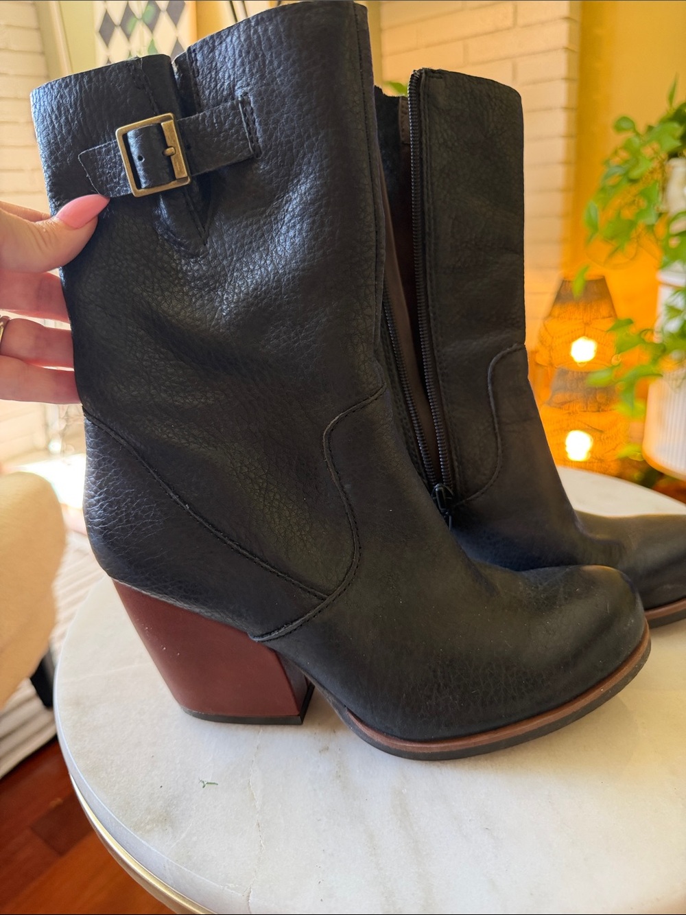 Kork-Ease Black Leather Ankle Boots with Brown Block Heel